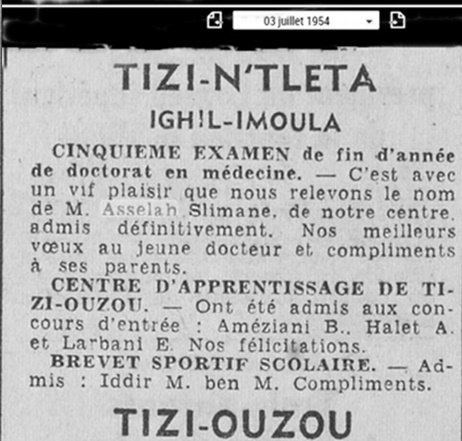 Echo Alger Juillet 1954 Fin études en doctorat de Asselah Slimane. 